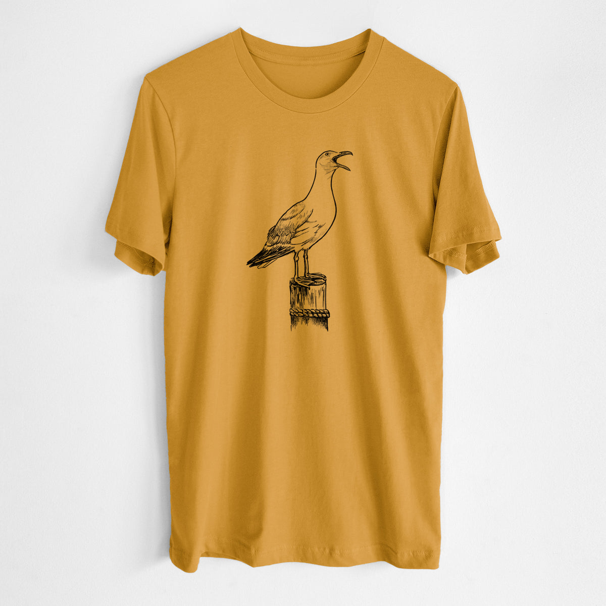 Honeycomb yellow lightweight cotton t-shirt laid flat, printed with a black ink illustration of a California gull calling from a wooden post.