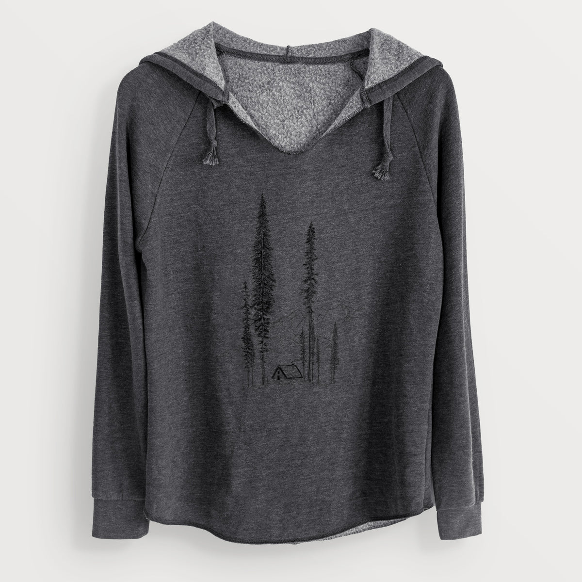 Charcoal grey women's Cali Wave hooded sweatshirt laid flat, printed with a black ink illustration of a small cabin nestled beneath towering pine trees.