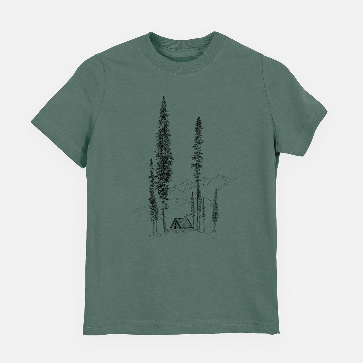 Basil green youth t-shirt laid flat, printed with a black ink illustration of a small cabin nestled beneath towering pine trees.