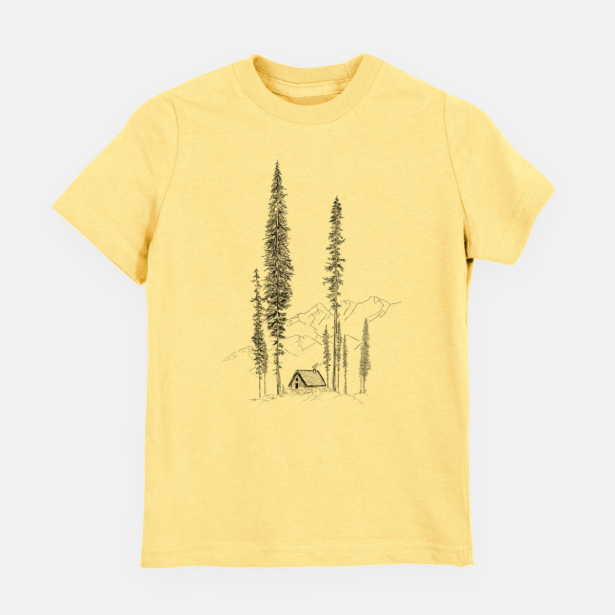 Butter yellow youth t-shirt laid flat, printed with a black ink illustration of a small cabin nestled beneath towering pine trees.