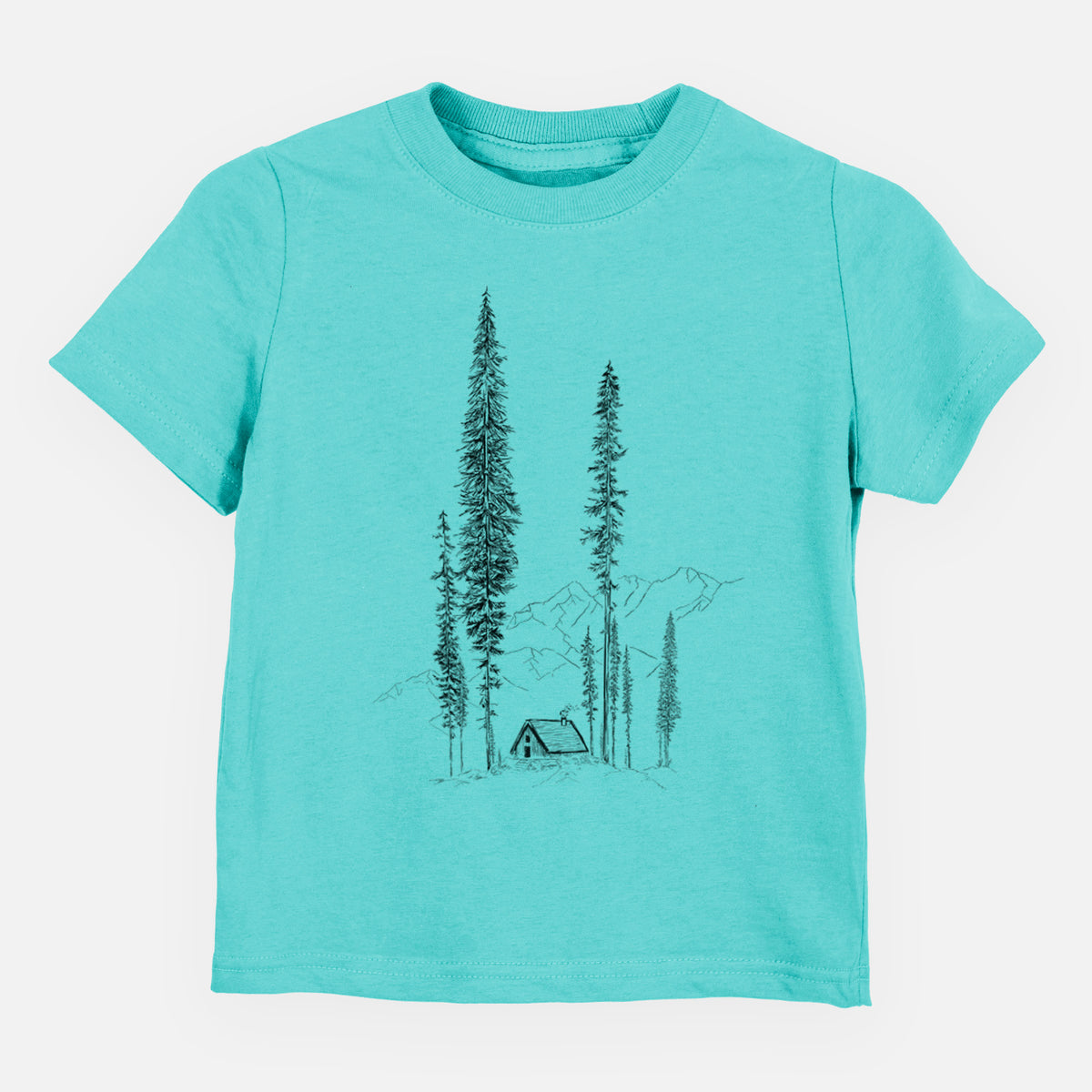 Caribbean blue toddler t-shirt laid flat, printed with a black ink illustration of a small cabin nestled beneath towering pine trees.