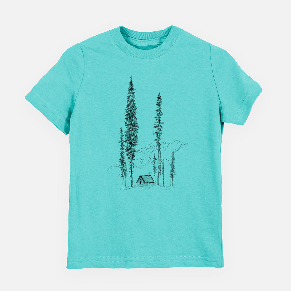 Caribbean blue youth t-shirt laid flat, printed with a black ink illustration of a small cabin nestled beneath towering pine trees.