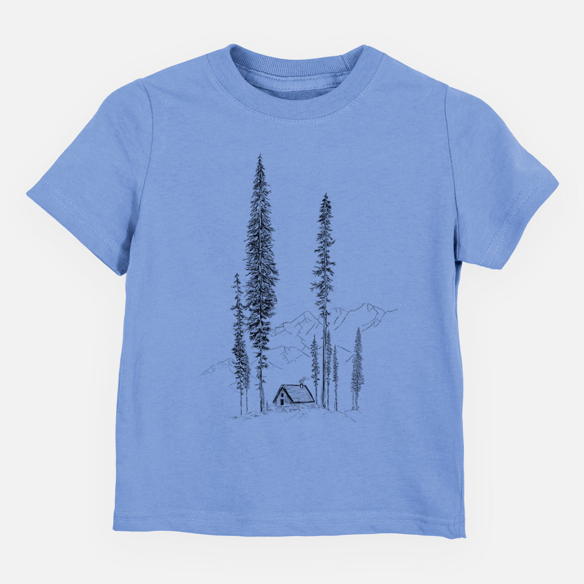 Carolina blue toddler t-shirt laid flat, printed with a black ink illustration of a small cabin nestled beneath towering pine trees.