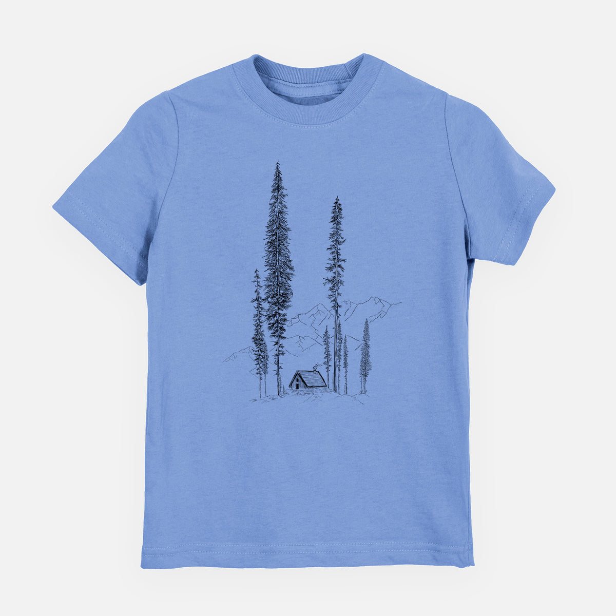 Carolina blue youth t-shirt laid flat, printed with a black ink illustration of a small cabin nestled beneath towering pine trees.