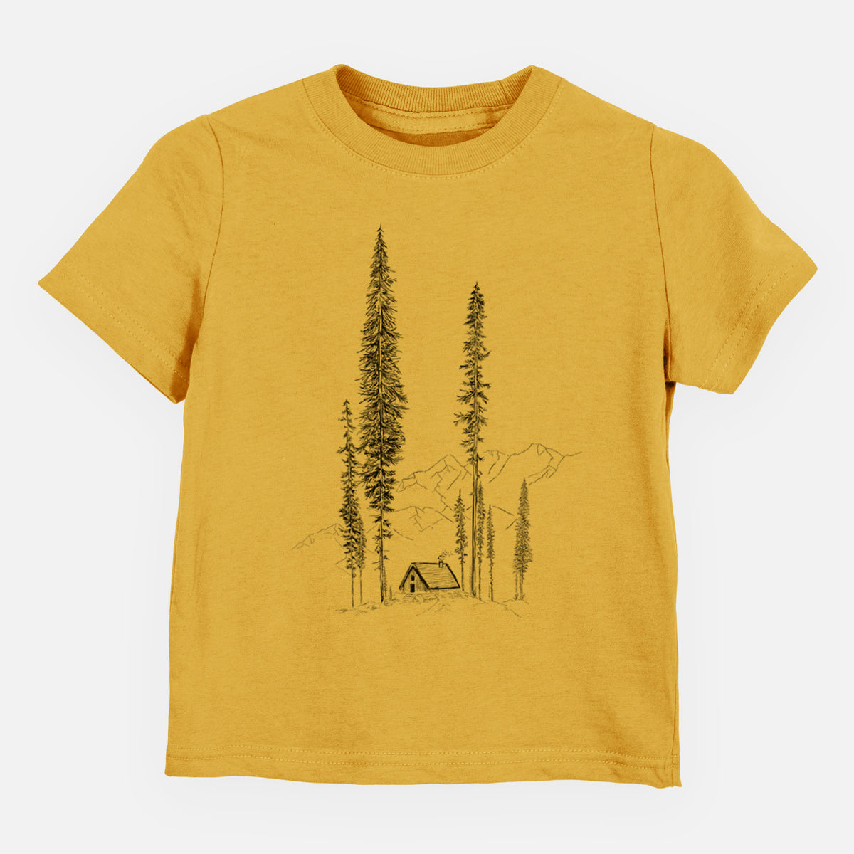 Honeycomb yellow toddler t-shirt laid flat, printed with a black ink illustration of a small cabin nestled beneath towering pine trees.