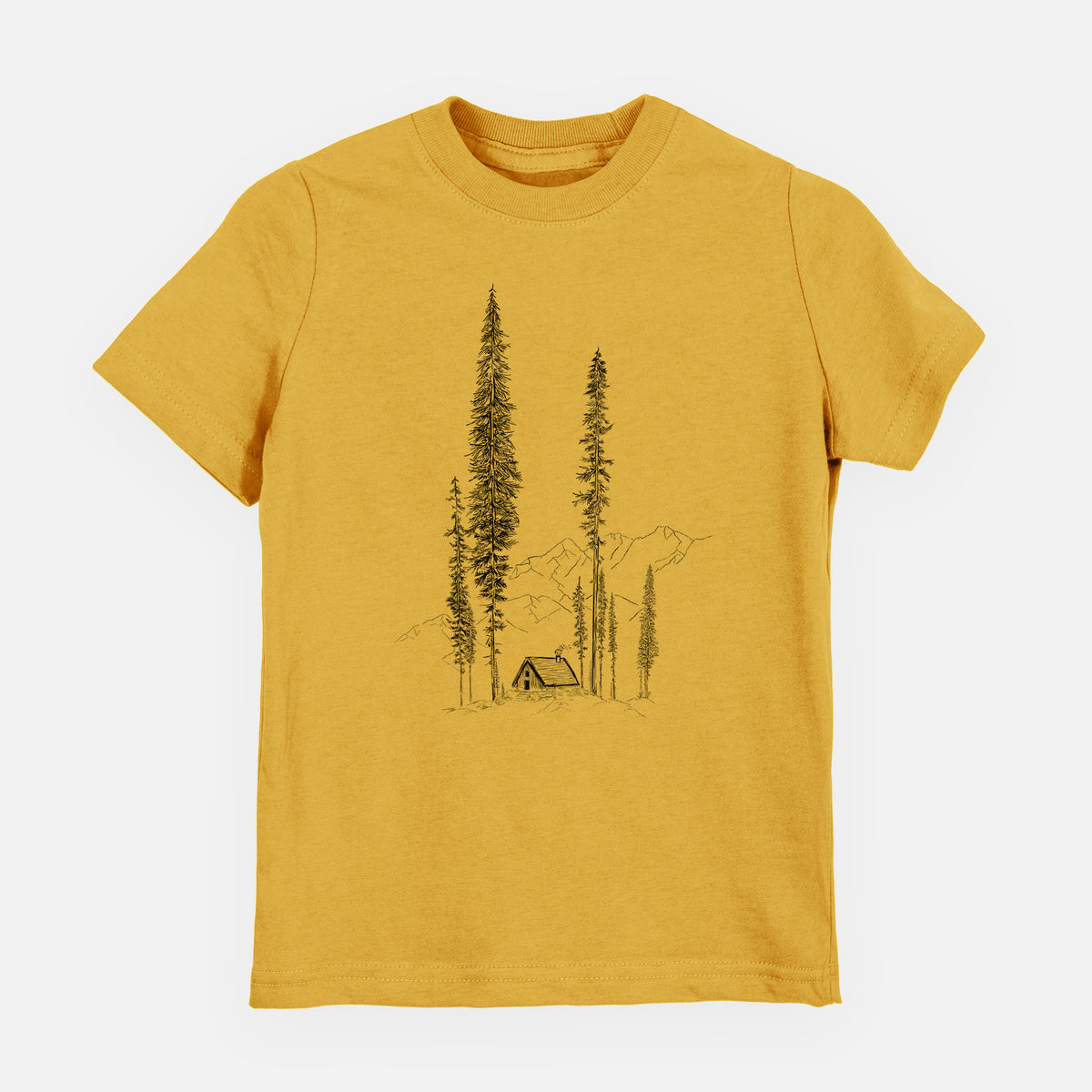 Honeycomb yellow youth t-shirt laid flat, printed with a black ink illustration of a small cabin nestled beneath towering pine trees.