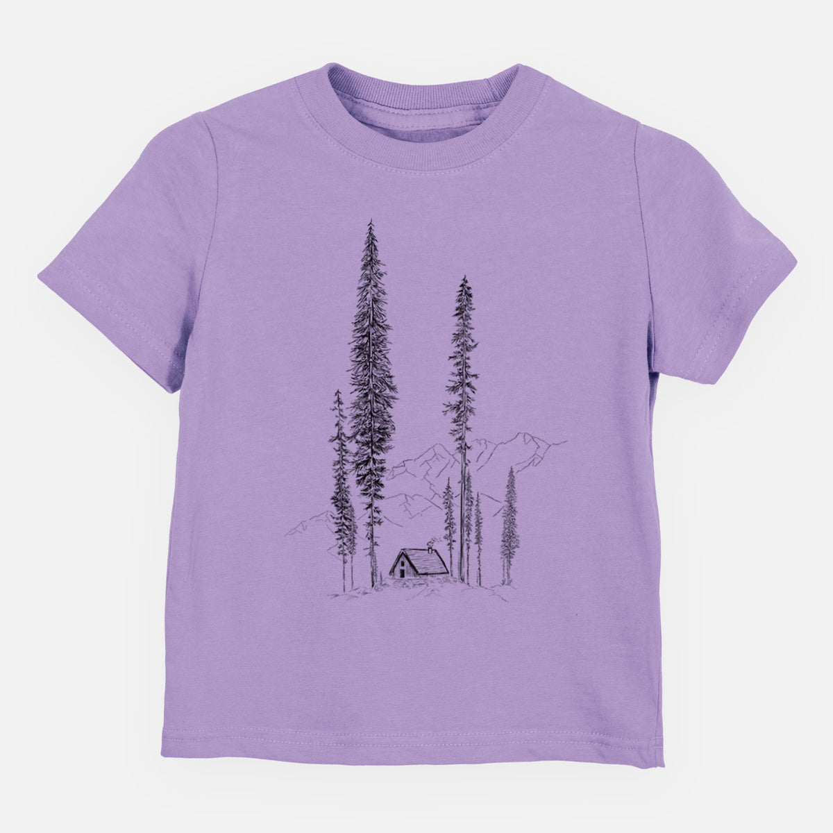 Lavender toddler t-shirt laid flat, printed with a black ink illustration of a small cabin nestled beneath towering pine trees.