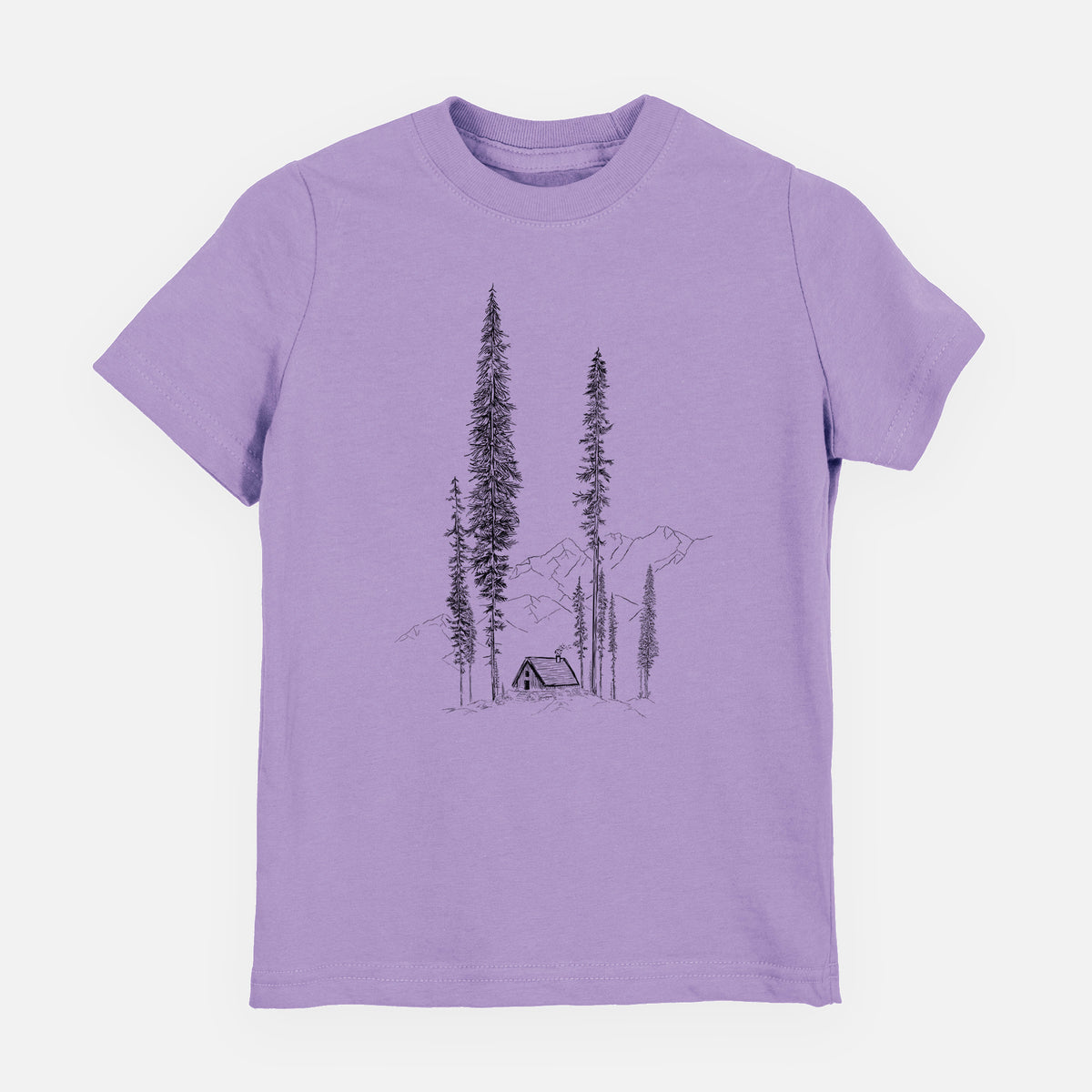 Lavender youth t-shirt laid flat, printed with a black ink illustration of a small cabin nestled beneath towering pine trees.