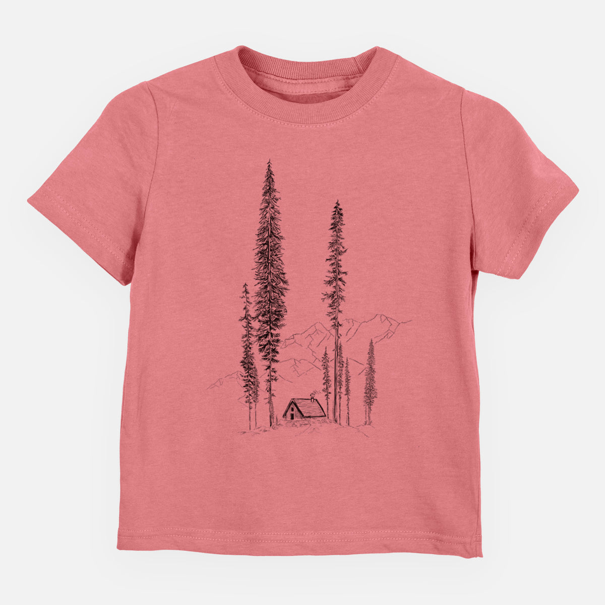 Mauve pink toddler t-shirt laid flat, printed with a black ink illustration of a small cabin nestled beneath towering pine trees.