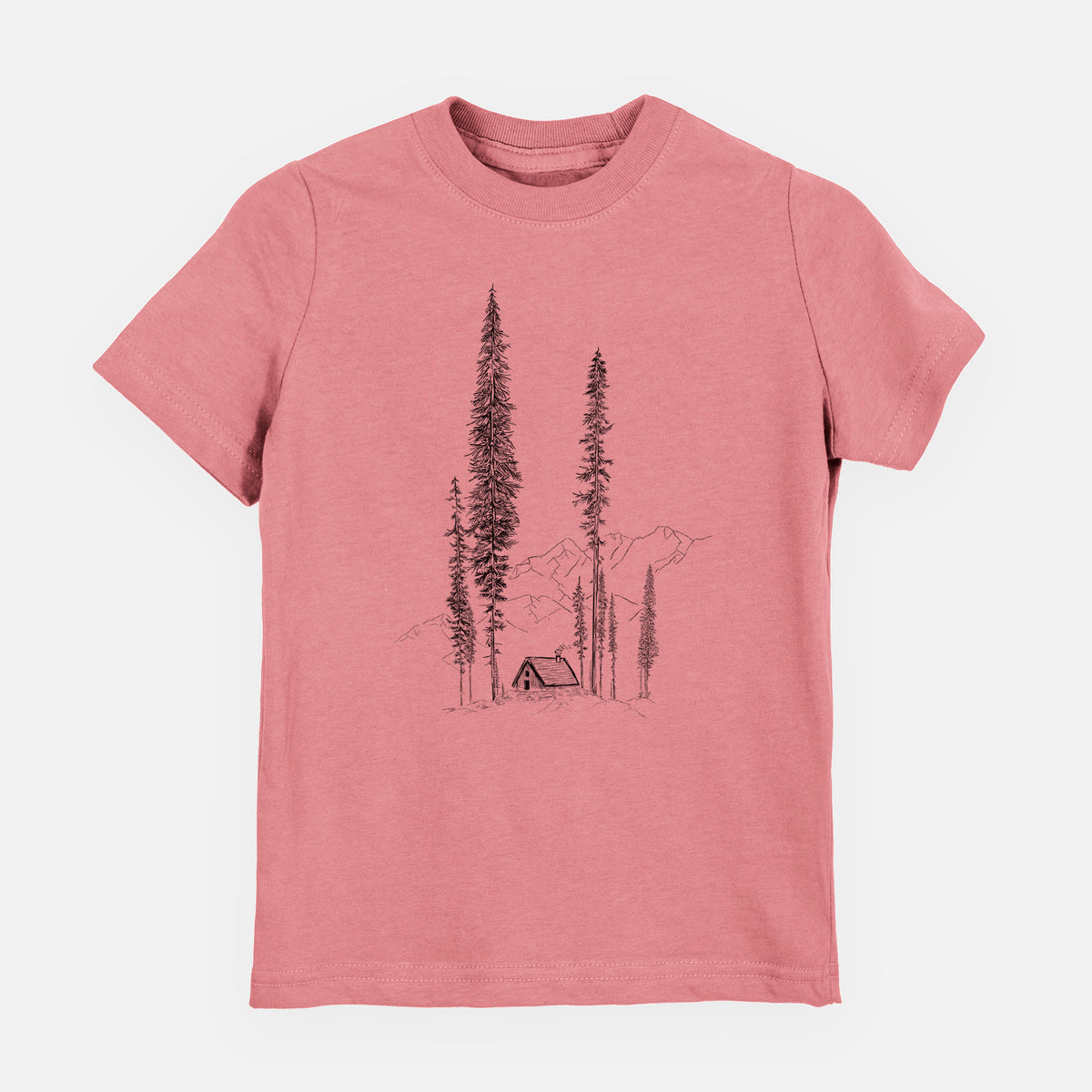 Mauve pink youth t-shirt laid flat, printed with a black ink illustration of a small cabin nestled beneath towering pine trees.