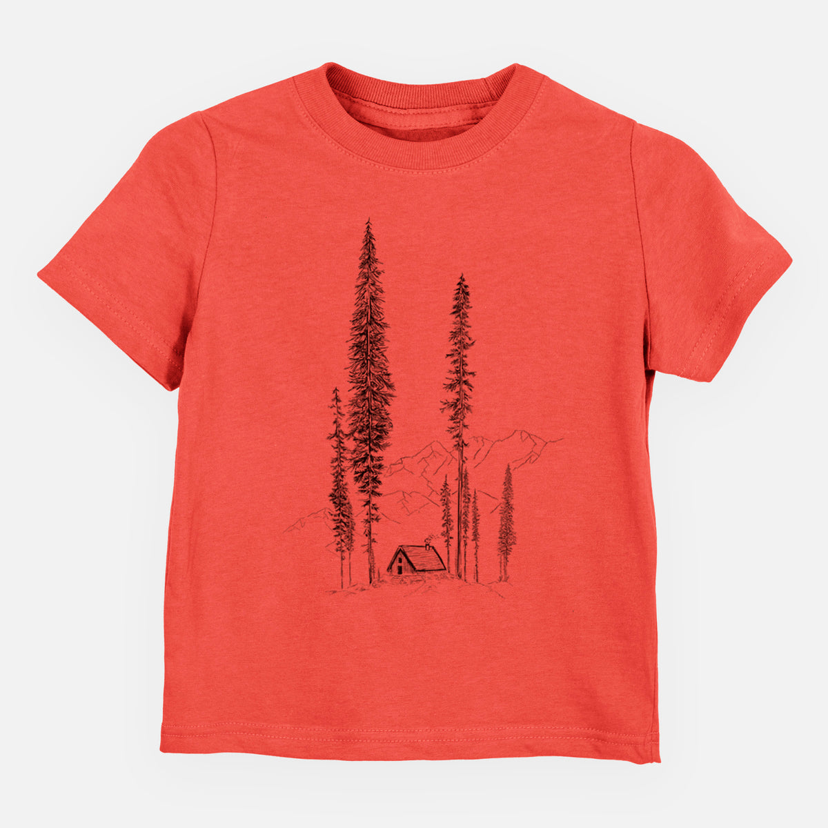 Passionfruit pink toddler t-shirt laid flat, printed with a black ink illustration of a small cabin nestled beneath towering pine trees.