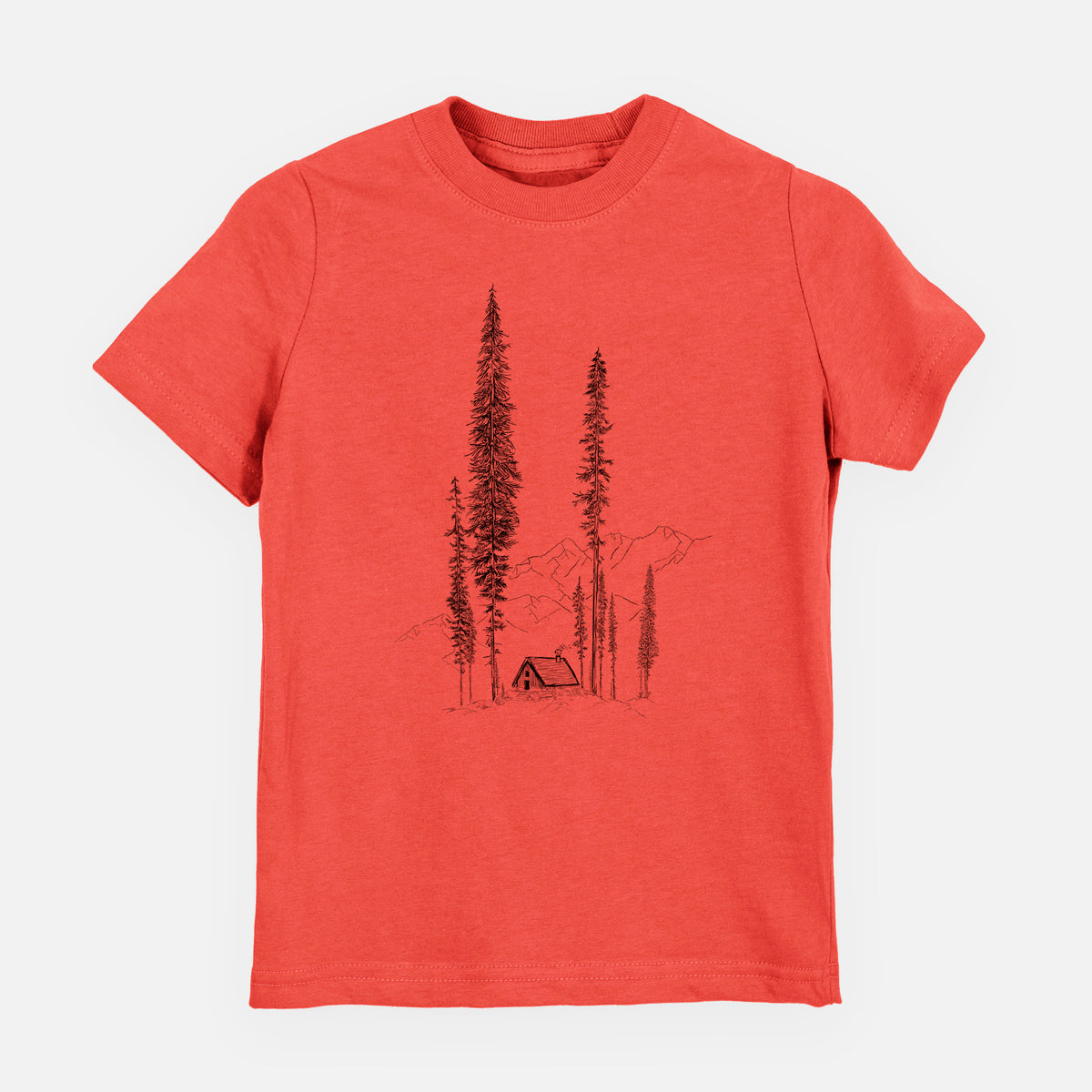 Passionfruit pink youth t-shirt laid flat, printed with a black ink illustration of a small cabin nestled beneath towering pine trees.