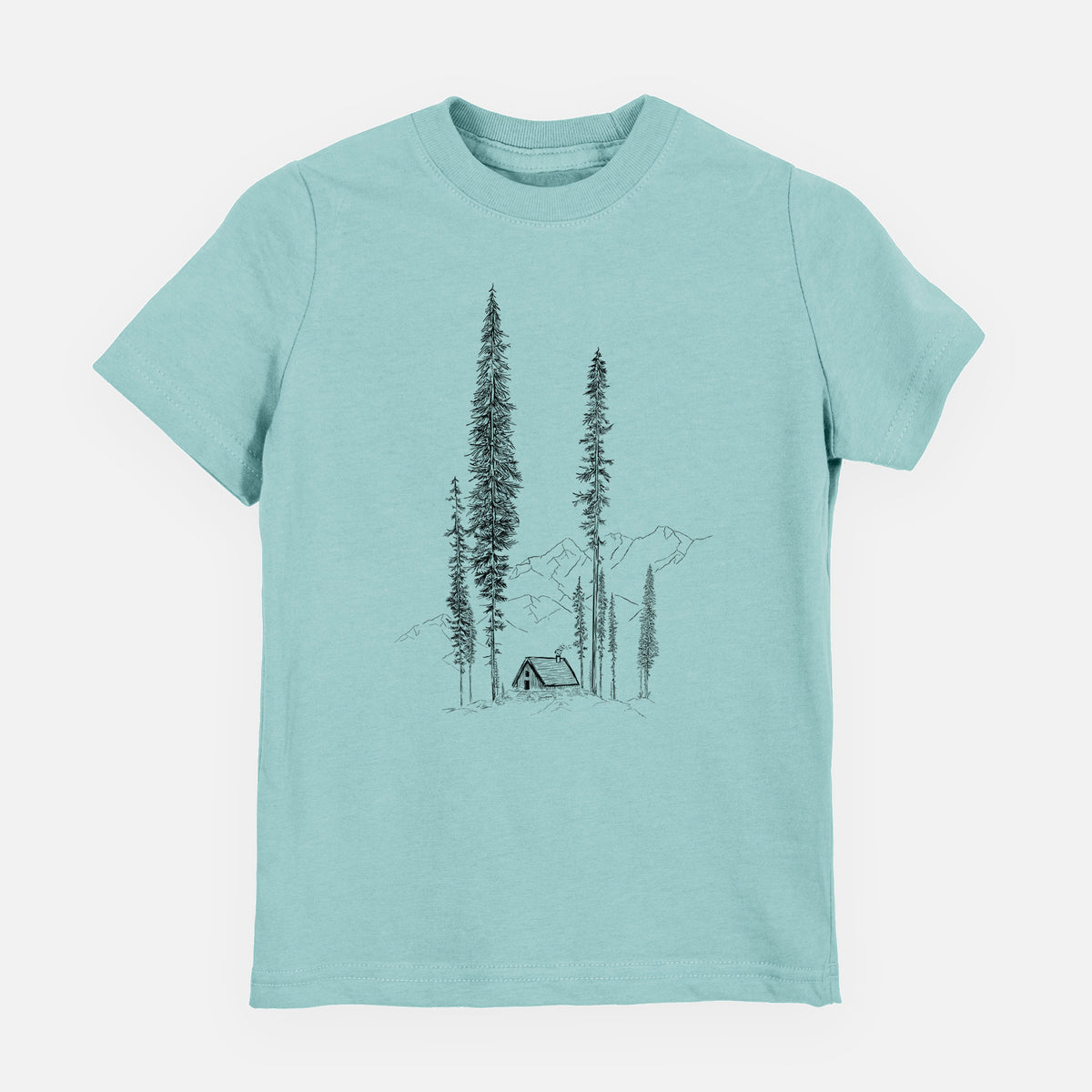 Saltwater youth t-shirt laid flat, printed with a black ink illustration of a small cabin nestled beneath towering pine trees.