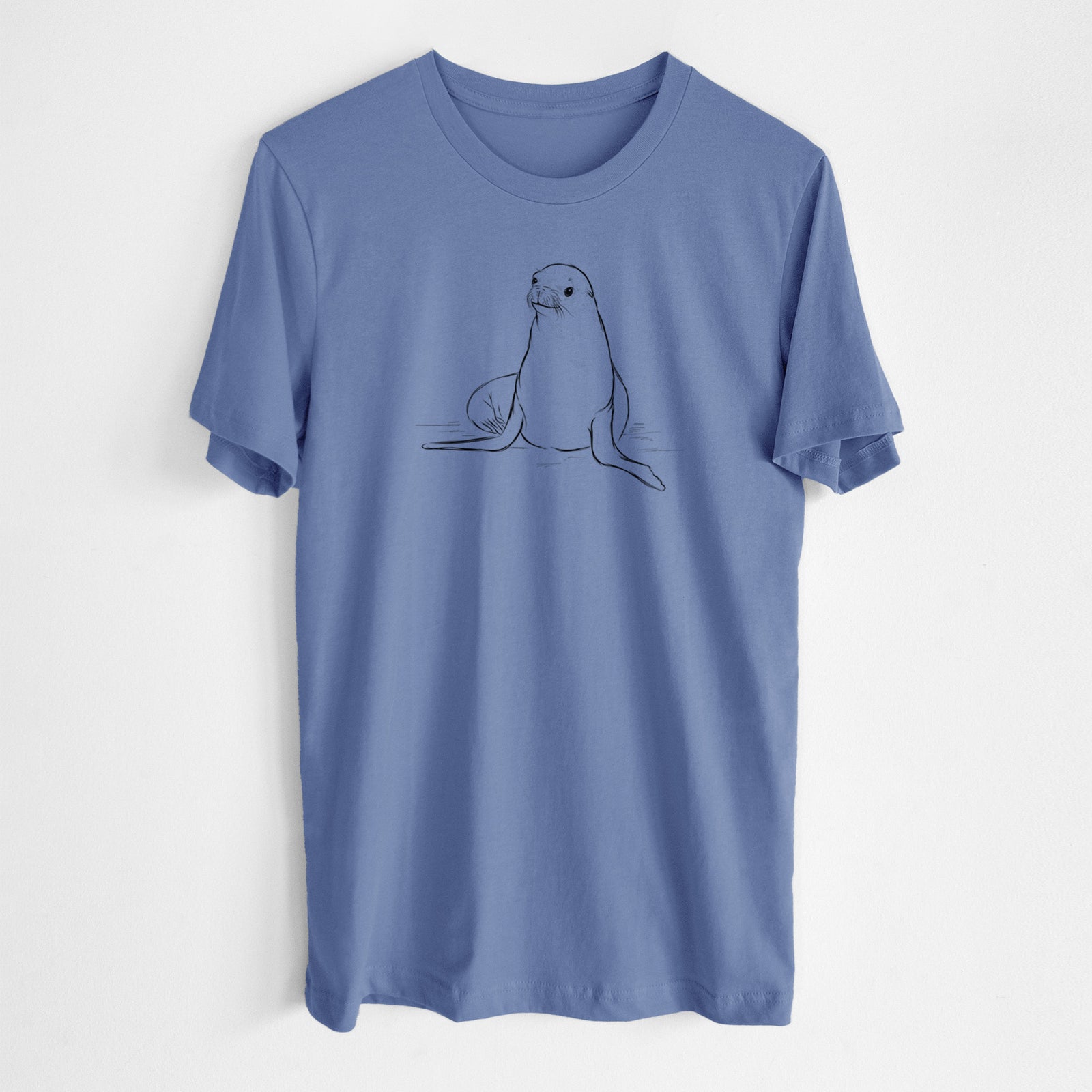 Blue bell lightweight cotton t-shirt laid flat, printed with a black ink illustration of a California sea lion sitting upright.