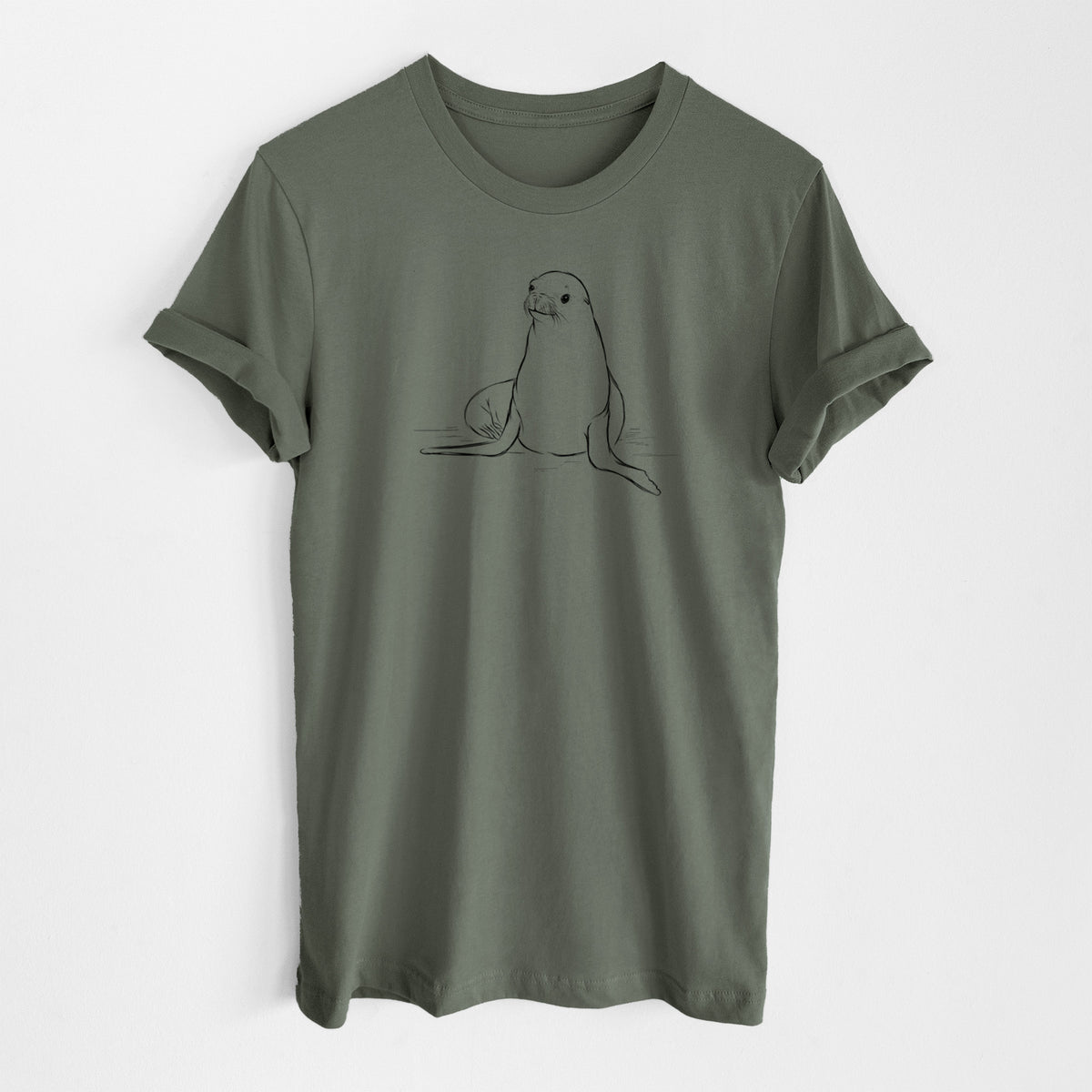 Military green lightweight cotton t-shirt laid flat, printed with a black ink illustration of a California sea lion sitting upright.