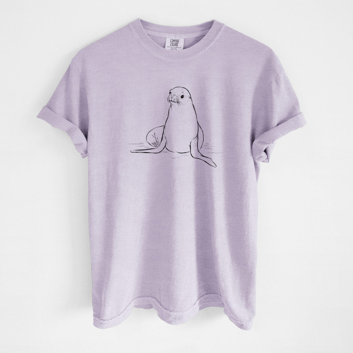 Orchid purple Comfort Colors t-shirt laid flat, printed with a black ink illustration of a California sea lion sitting upright.