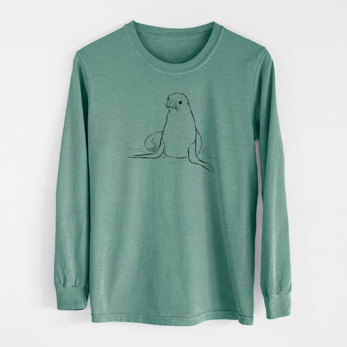 Pine green Comfort Colors long sleeve shirt laid flat, printed with a black ink illustration of a California sea lion sitting upright.