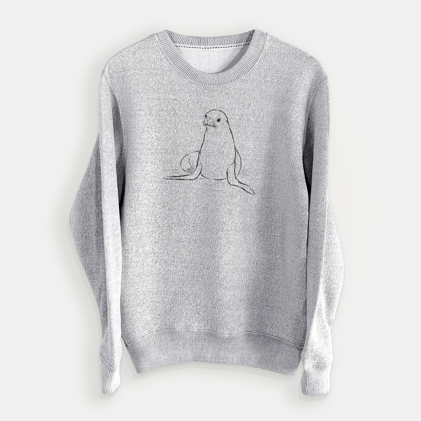 Salt and pepper knit sweatshirt laid flat, printed with a black ink illustration of a California sea lion sitting upright.