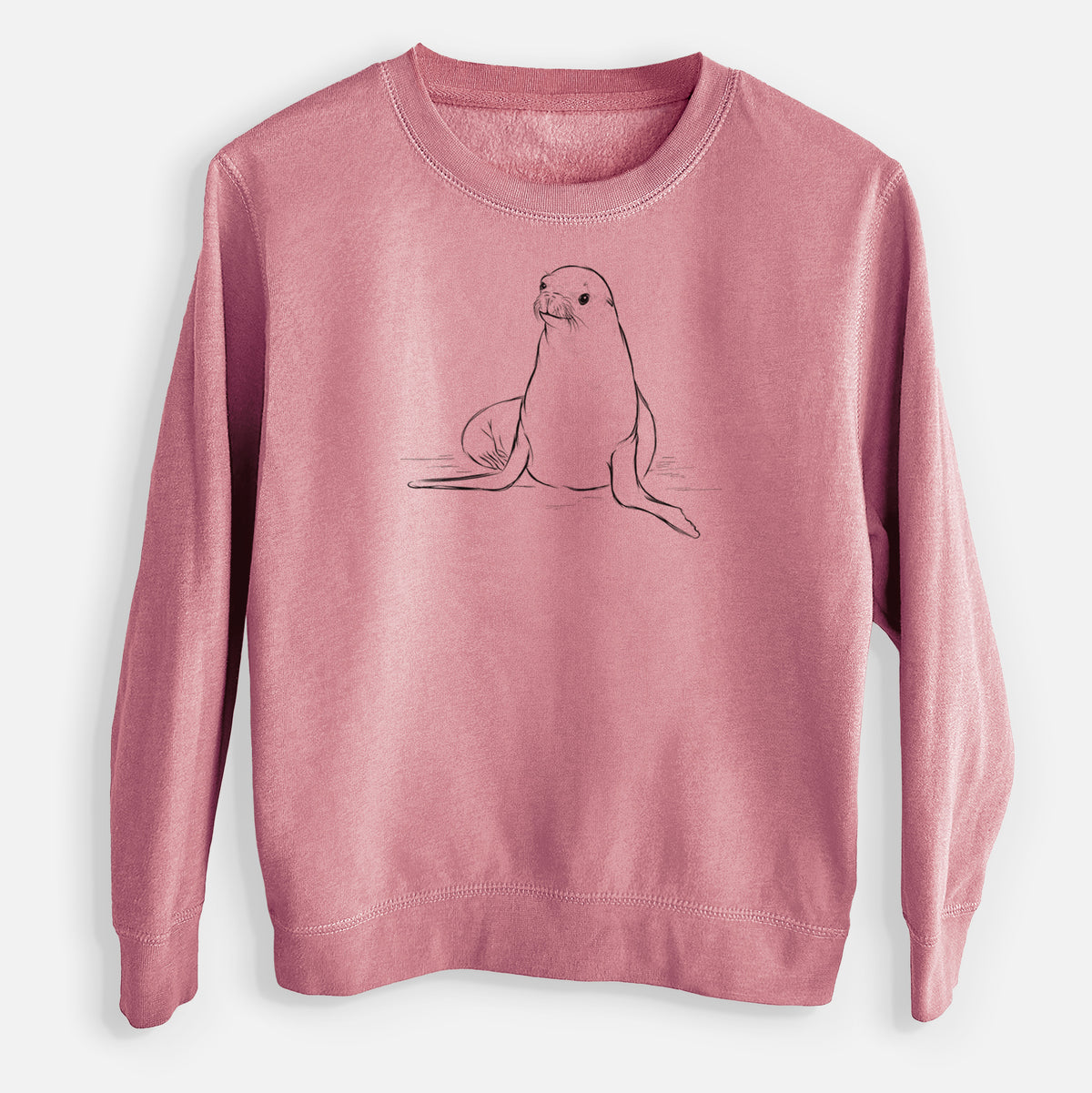 Mauve pink youth crewneck sweatshirt laid flat, printed with a black ink illustration of a California sea lion sitting upright.
