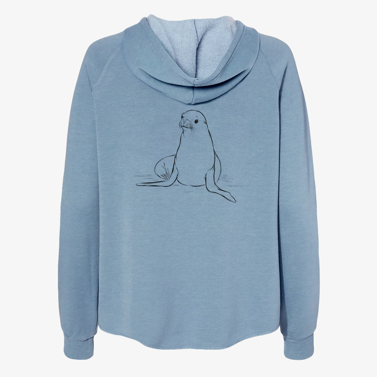 Misty blue women's Cali Wave zip-up sweatshirt laid flat, printed with a black ink illustration of a California sea lion sitting upright.