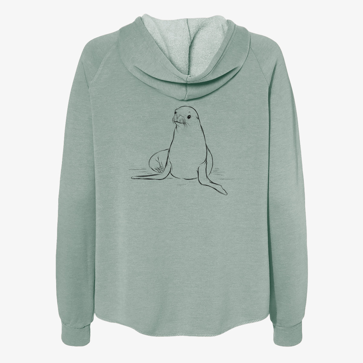 Sage green women's Cali Wave zip-up sweatshirt laid flat, printed with a black ink illustration of a California sea lion sitting upright.