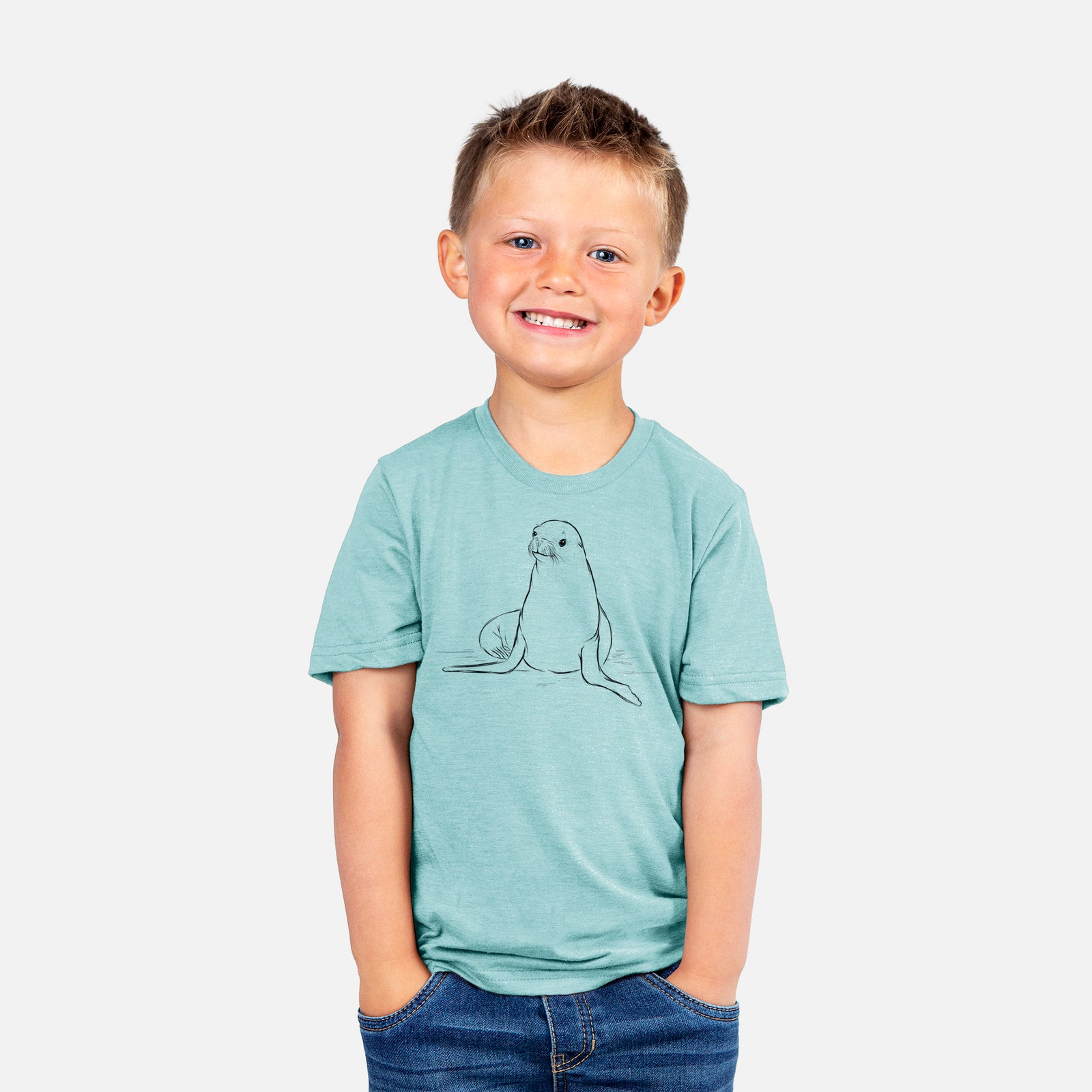 Two youth t-shirts in different colors on hangers, printed with a black ink illustration of a California sea lion sitting upright.