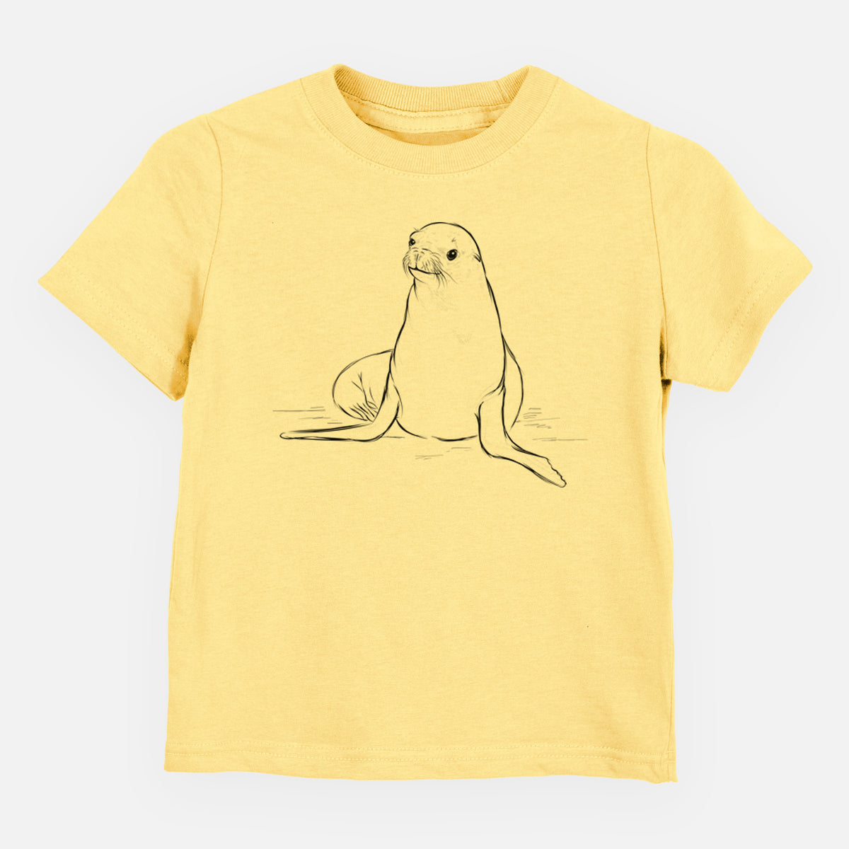 Butter yellow toddler t-shirt laid flat, printed with a black ink illustration of a California sea lion sitting upright.