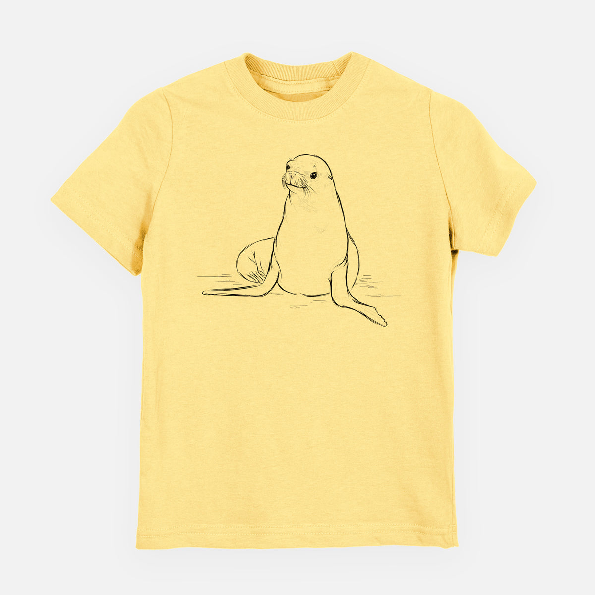 Butter yellow youth t-shirt laid flat, printed with a black ink illustration of a California sea lion sitting upright.