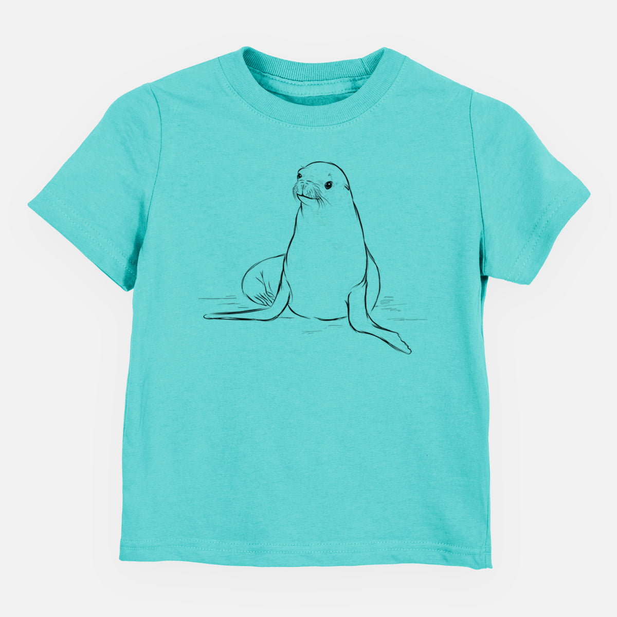 Caribbean blue toddler t-shirt laid flat, printed with a black ink illustration of a California sea lion sitting upright.