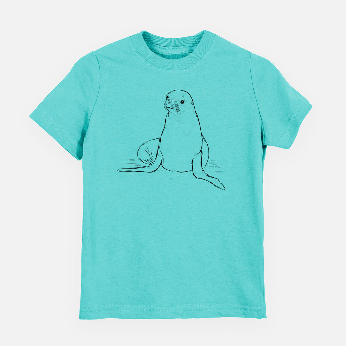Caribbean blue youth t-shirt laid flat, printed with a black ink illustration of a California sea lion sitting upright.