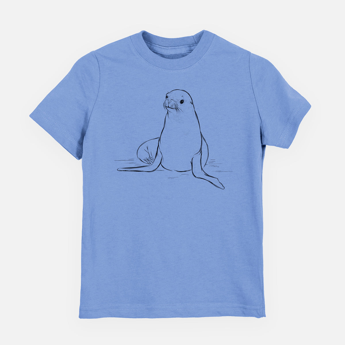 Carolina blue youth t-shirt laid flat, printed with a black ink illustration of a California sea lion sitting upright.
