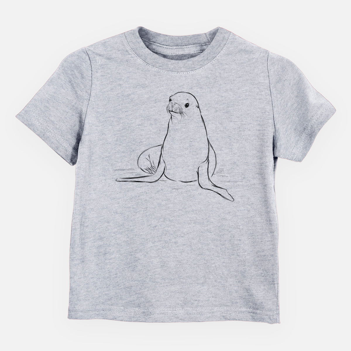 Heather grey toddler t-shirt laid flat, printed with a black ink illustration of a California sea lion sitting upright.