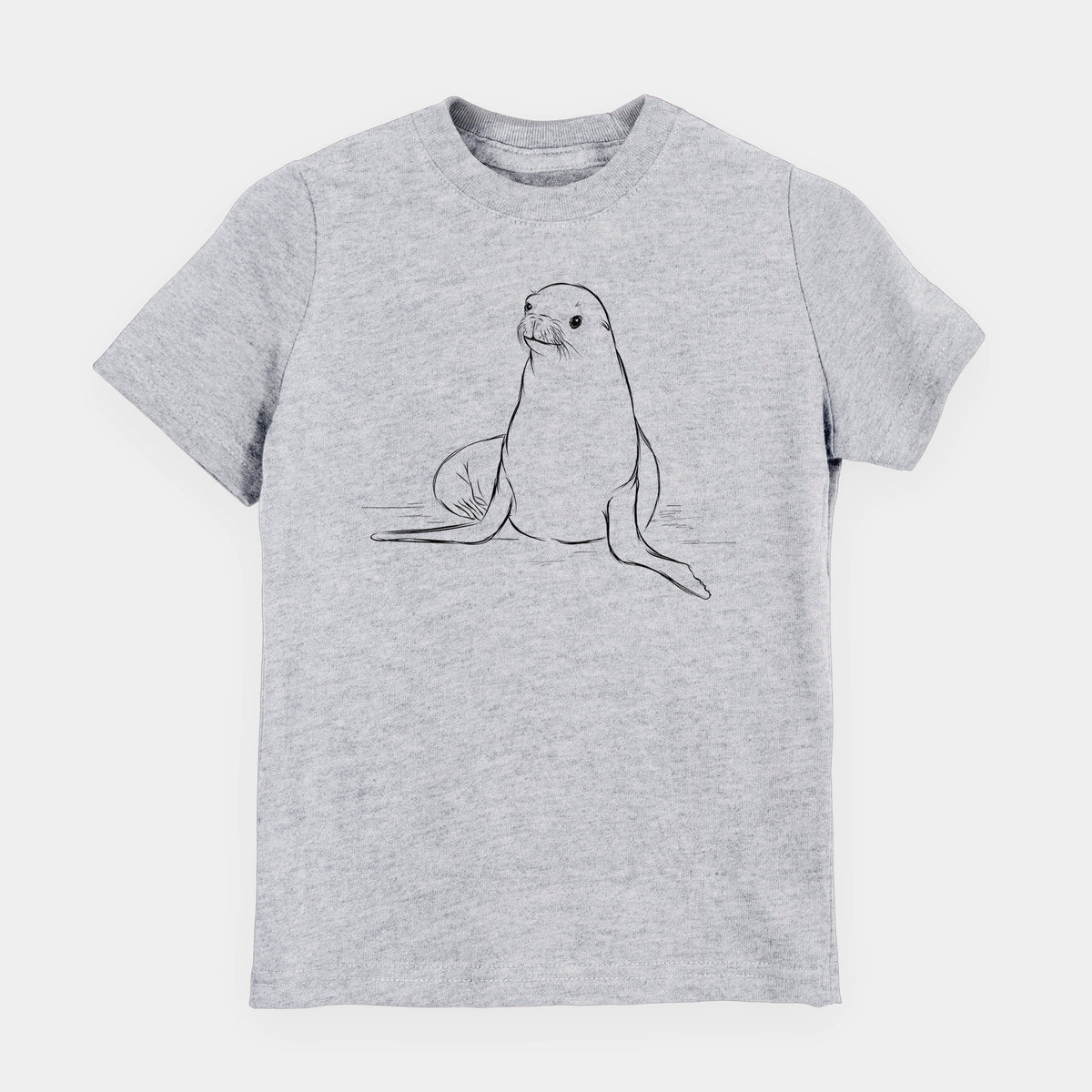 Heather grey youth t-shirt laid flat, printed with a black ink illustration of a California sea lion sitting upright.