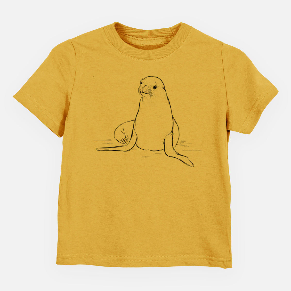 Honeycomb yellow toddler t-shirt laid flat, printed with a black ink illustration of a California sea lion sitting upright.
