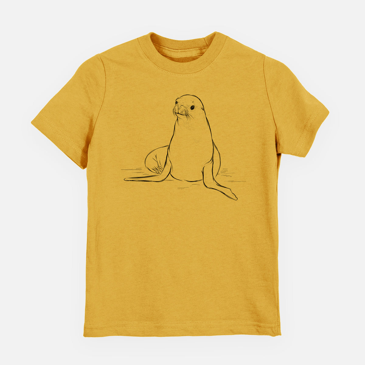 Honeycomb yellow youth t-shirt laid flat, printed with a black ink illustration of a California sea lion sitting upright.
