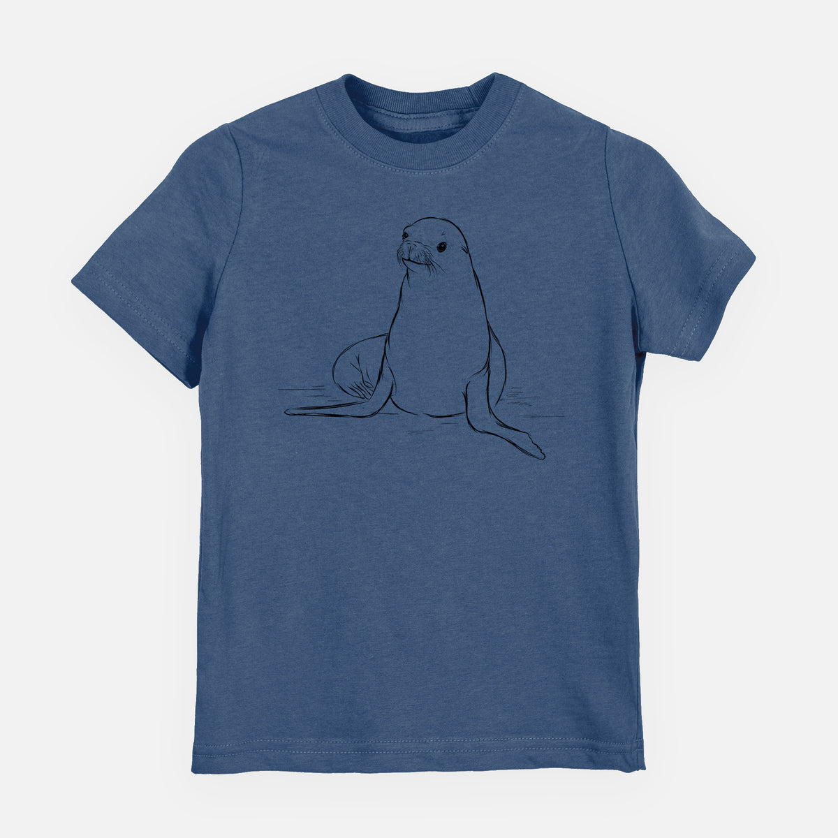 Indigo blue youth t-shirt laid flat, printed with a black ink illustration of a California sea lion sitting upright.