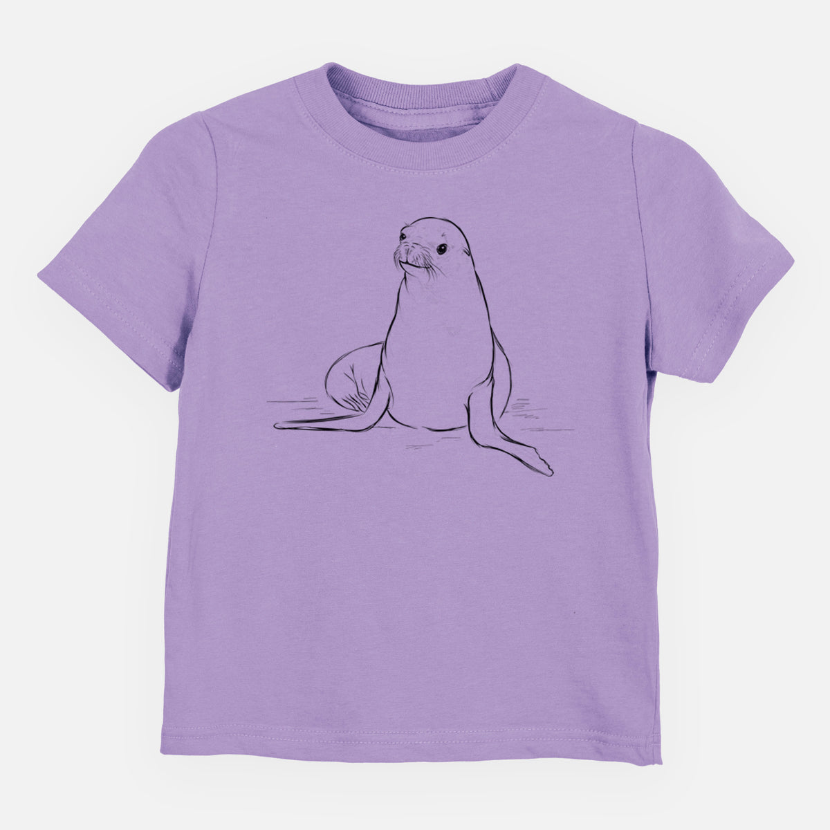 Lavender toddler t-shirt laid flat, printed with a black ink illustration of a California sea lion sitting upright.