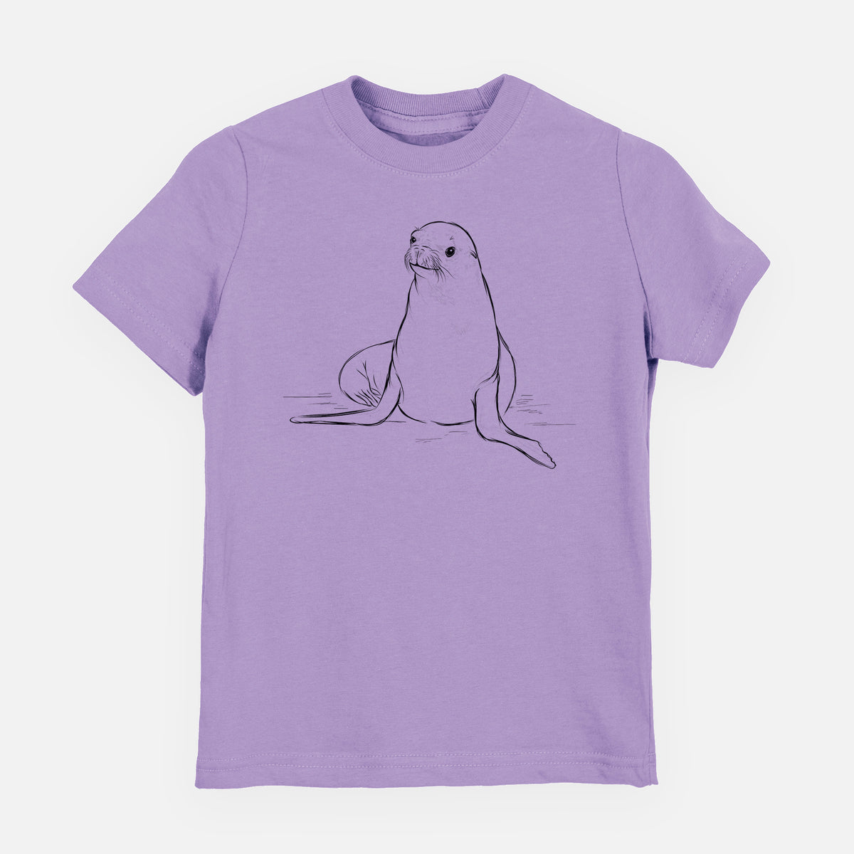 Lavender youth t-shirt laid flat, printed with a black ink illustration of a California sea lion sitting upright.