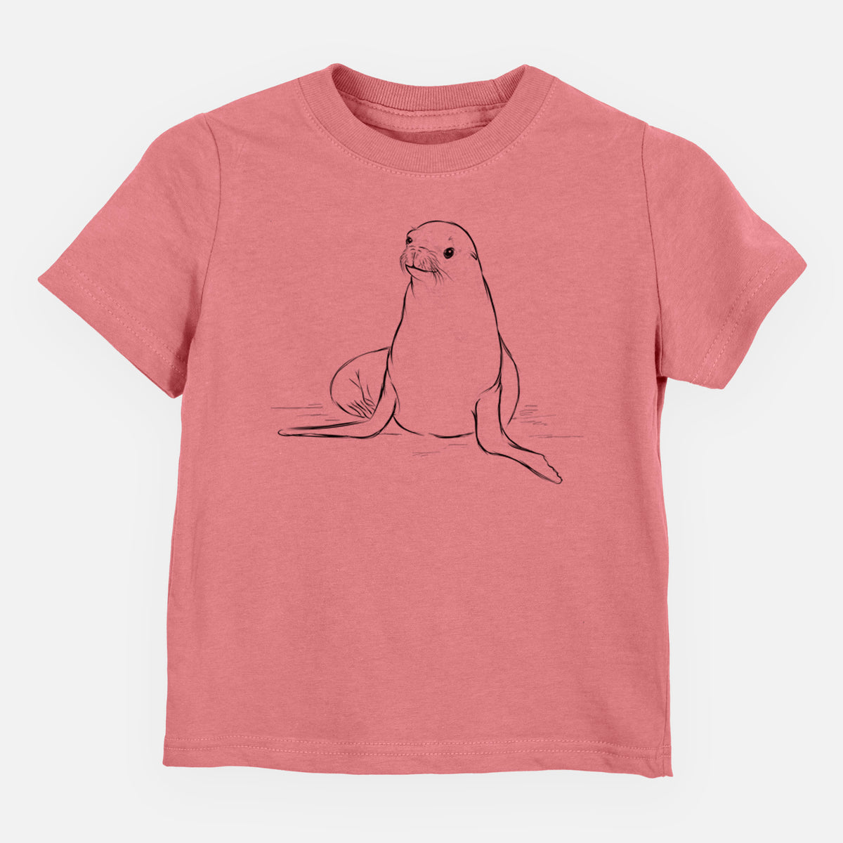 Mauve pink toddler t-shirt laid flat, printed with a black ink illustration of a California sea lion sitting upright.