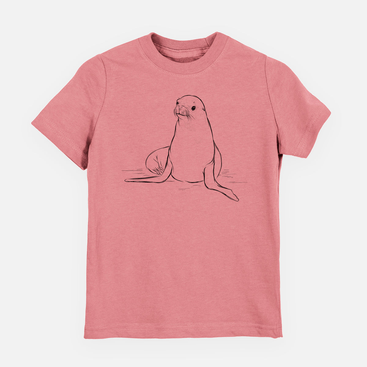 Mauve pink youth t-shirt laid flat, printed with a black ink illustration of a California sea lion sitting upright.