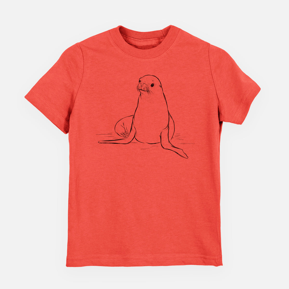 Passionfruit pink youth t-shirt laid flat, printed with a black ink illustration of a California sea lion sitting upright.