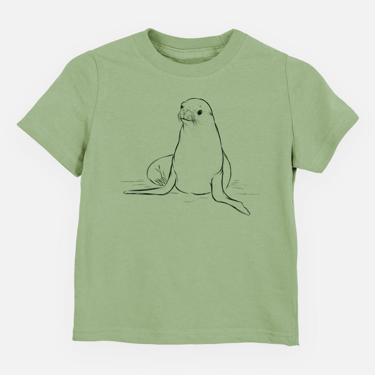 Sage green toddler t-shirt laid flat, printed with a black ink illustration of a California sea lion sitting upright.
