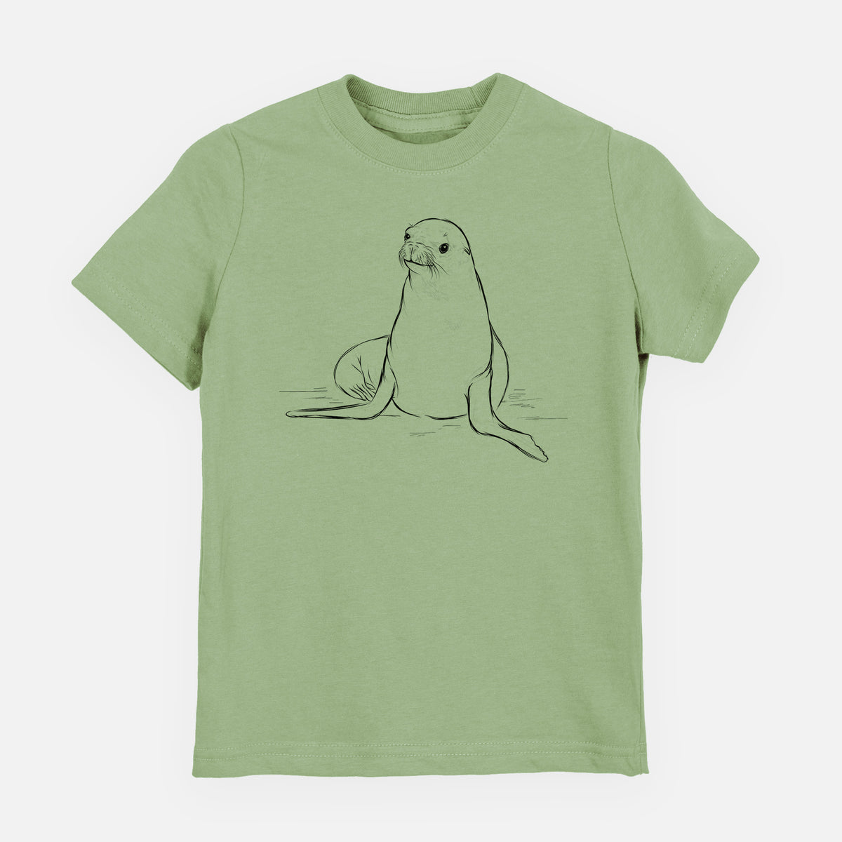 Sage green youth t-shirt laid flat, printed with a black ink illustration of a California sea lion sitting upright.