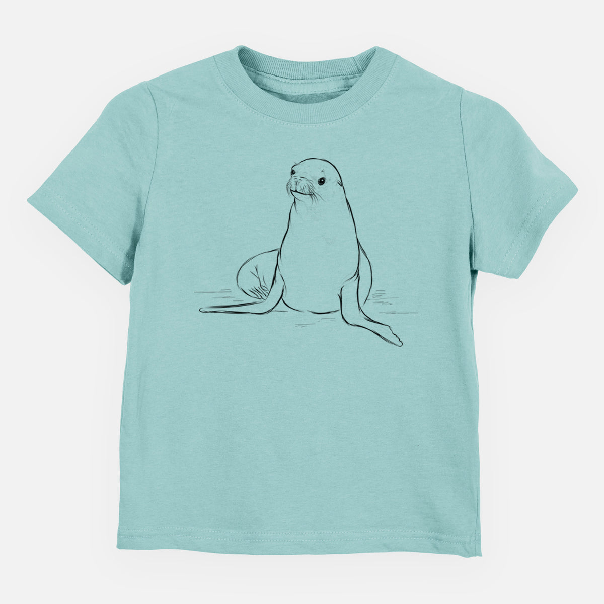 Saltwater toddler t-shirt laid flat, printed with a black ink illustration of a California sea lion sitting upright.