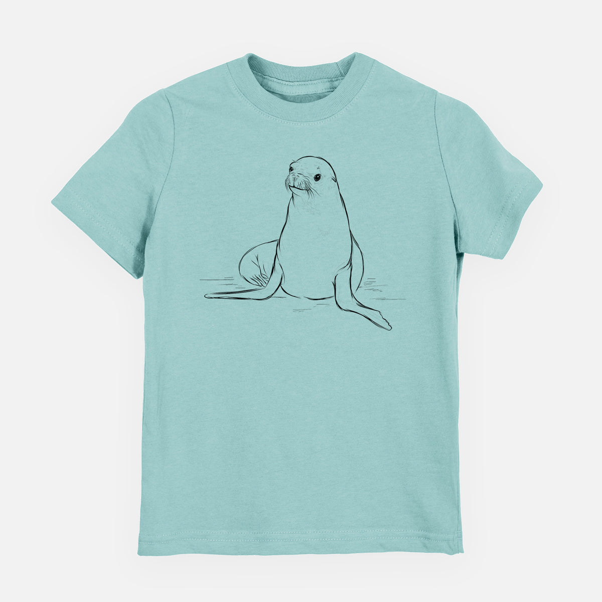 Saltwater youth t-shirt laid flat, printed with a black ink illustration of a California sea lion sitting upright.