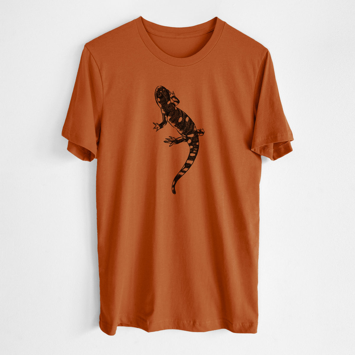 Autumn lightweight cotton t-shirt laid flat, printed with a detailed black ink illustration of a spotted California tiger salamander.