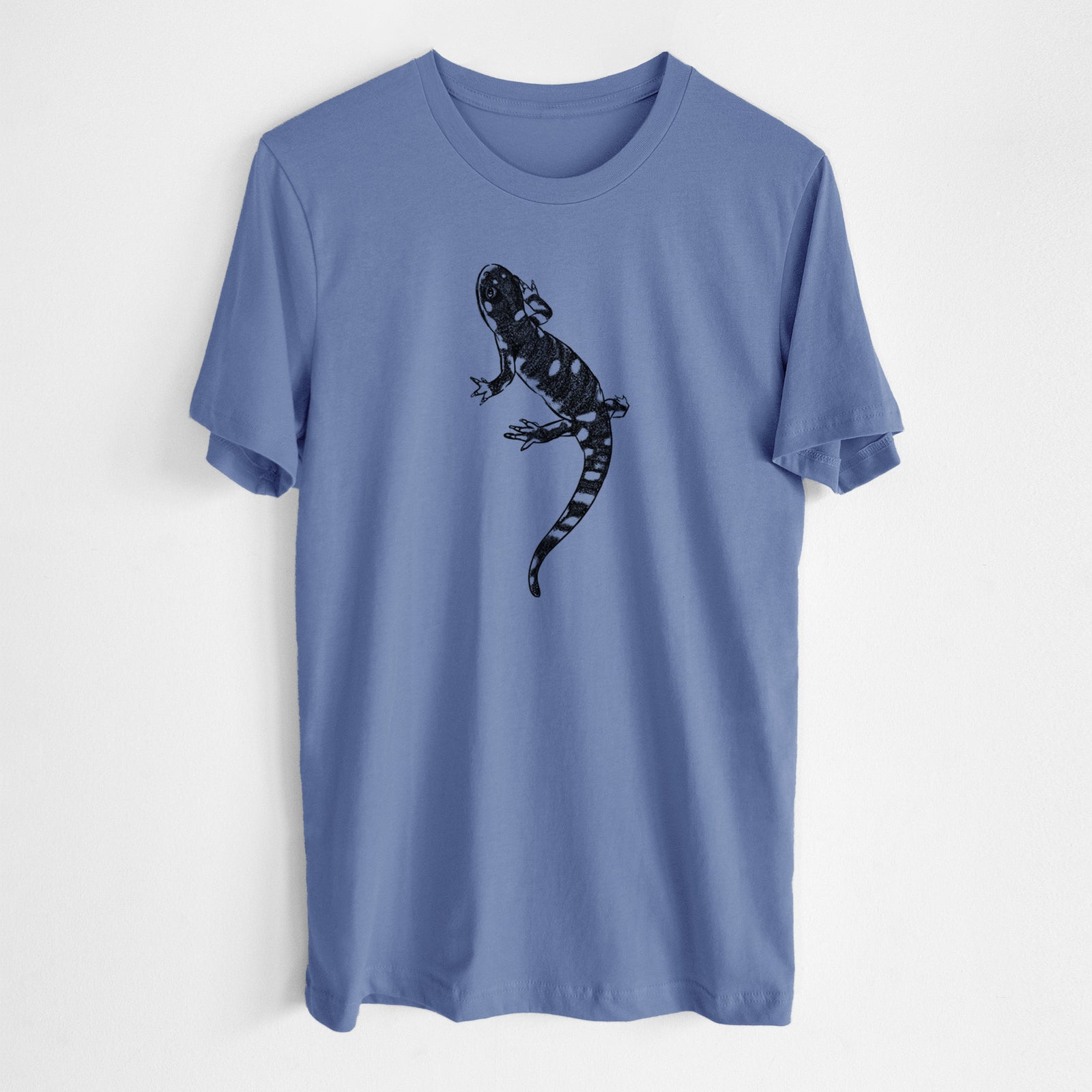 Blue bell lightweight cotton t-shirt laid flat, printed with a detailed black ink illustration of a spotted California tiger salamander.