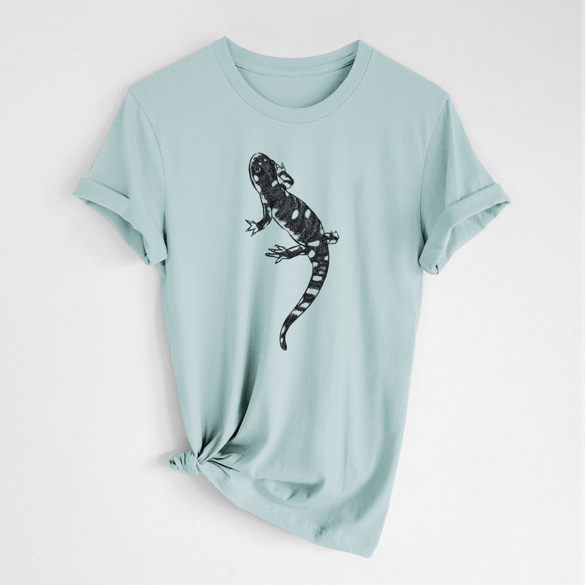 Dusty blue lightweight cotton t-shirt laid flat with the sleeves rolled, printed with a detailed black ink illustration of a spotted California tiger salamander.
