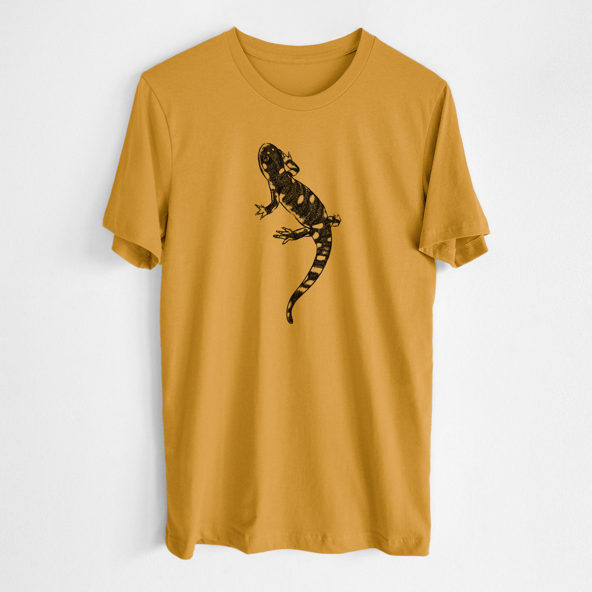 Honeycomb yellow lightweight cotton t-shirt laid flat, printed with a detailed black ink illustration of a spotted California tiger salamander.