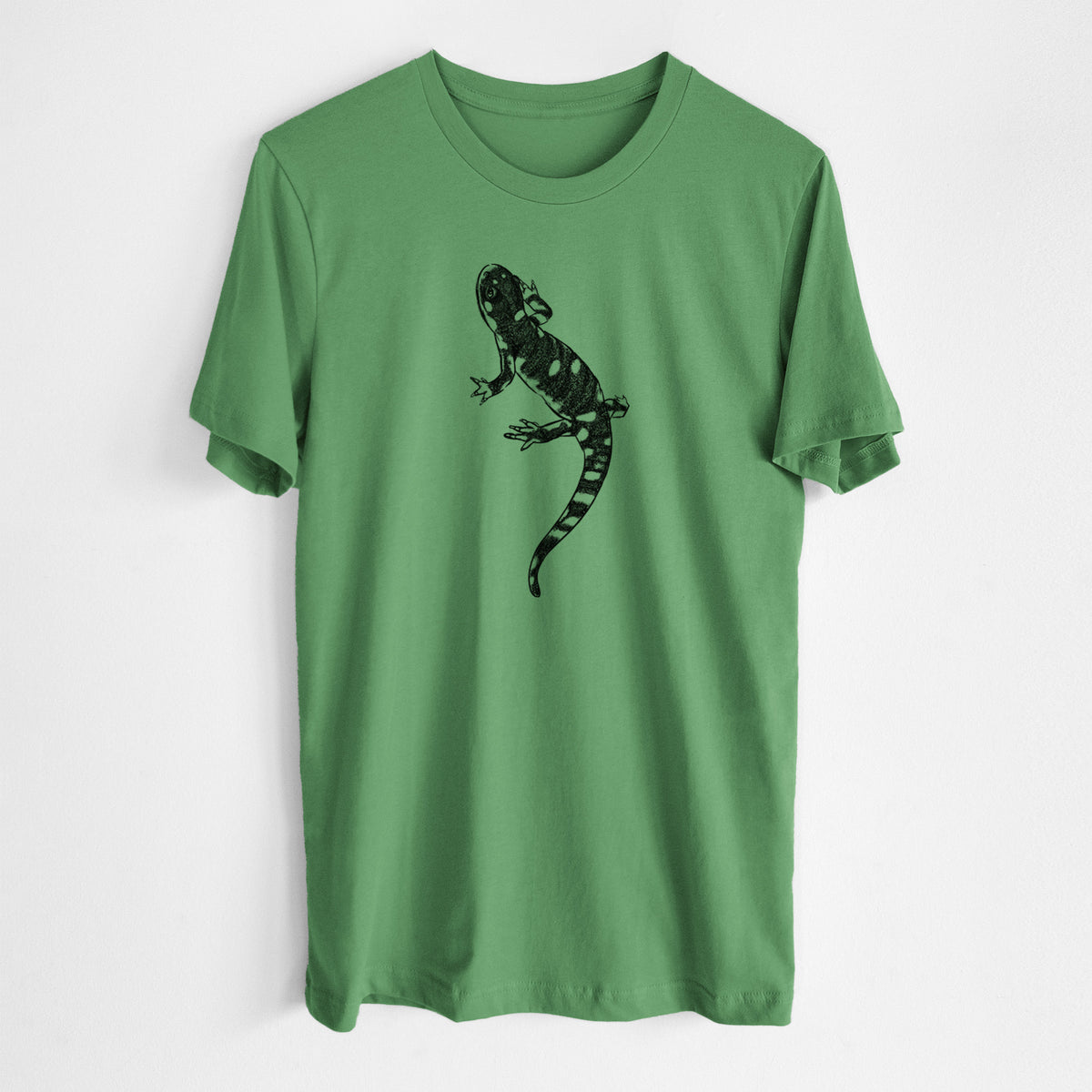 Leaf green lightweight cotton t-shirt laid flat, printed with a detailed black ink illustration of a spotted California tiger salamander.